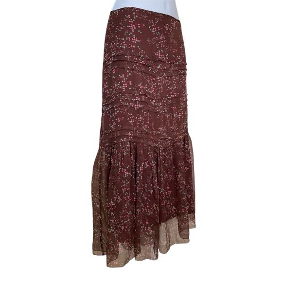 Vintage Y2k Boho Fairy Sheer Brown Silk Abstract Dots Tiered Midi Skirt Size S - Picture 2 of 6